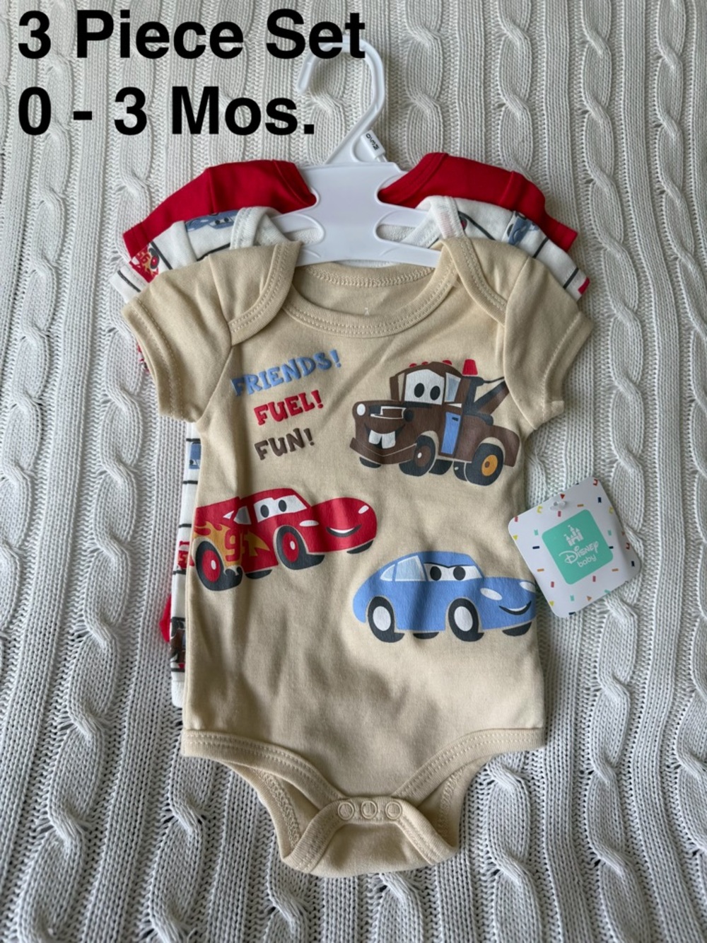 Disney Baby Cars Boys Onesie Set 3 Sz 0 - 3 Mo NEW Kachow Tow Mater Newborn Gift